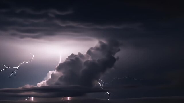 Lightning strikes illuminate a dramatic, dark cumulonimbus cloud in a powerful nighttime thunderstorm