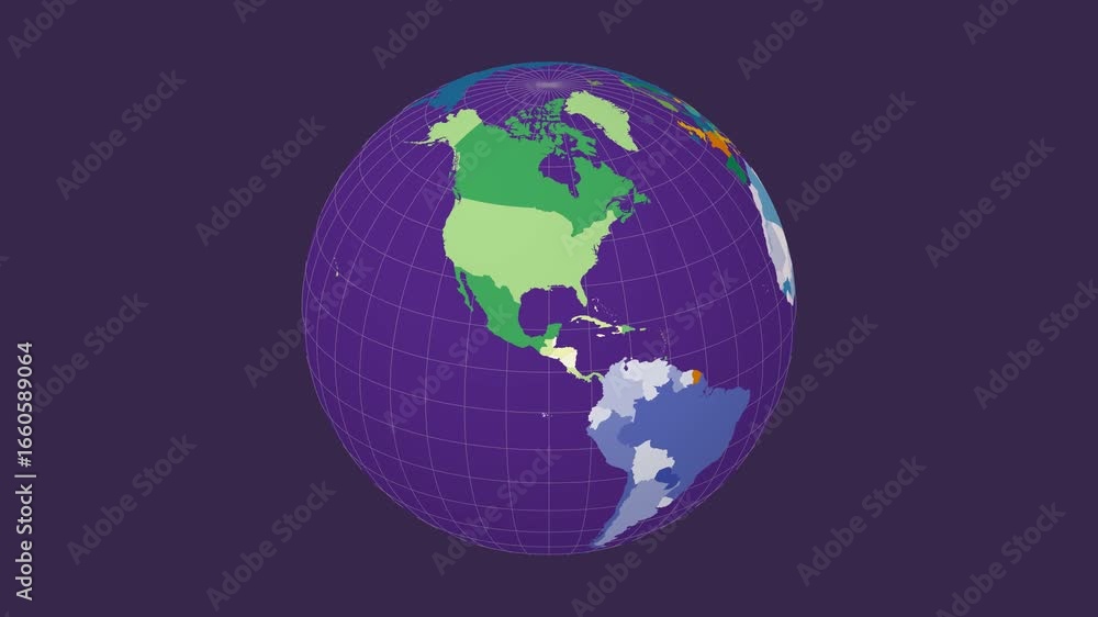 Poster spinning planet. slanted sphere view. fast speed earth rotation. colored countries style. world map 