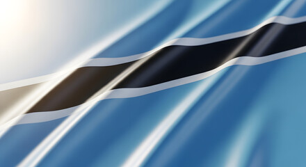 Close-up view of the waving national flag of Botswana, featuring its distinctive light blue, black, and white stripes.