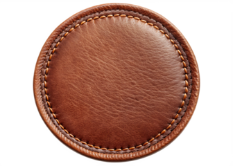 Textured Brown Leather Round With Stitched Edge Isolated graphic design isolated on a transparent background