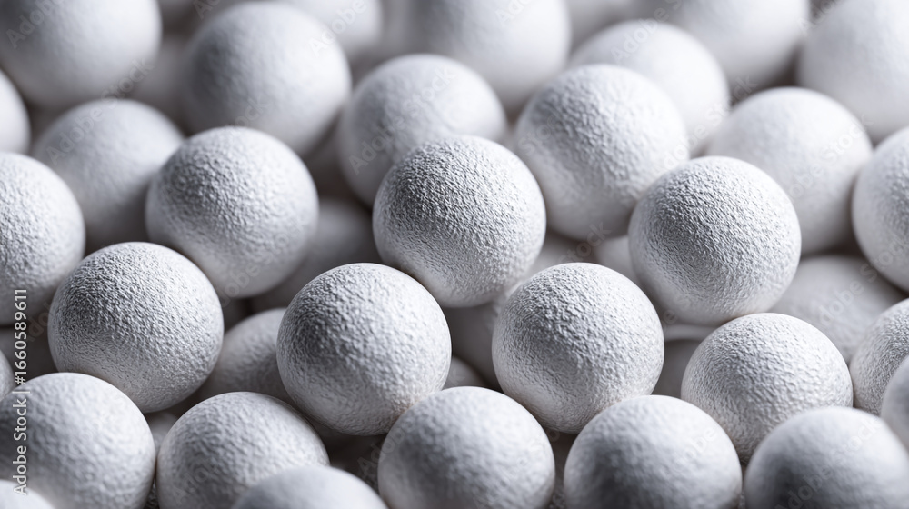 Poster a close up view of many white spheres with a textured surface filling the entire frame entirely full
