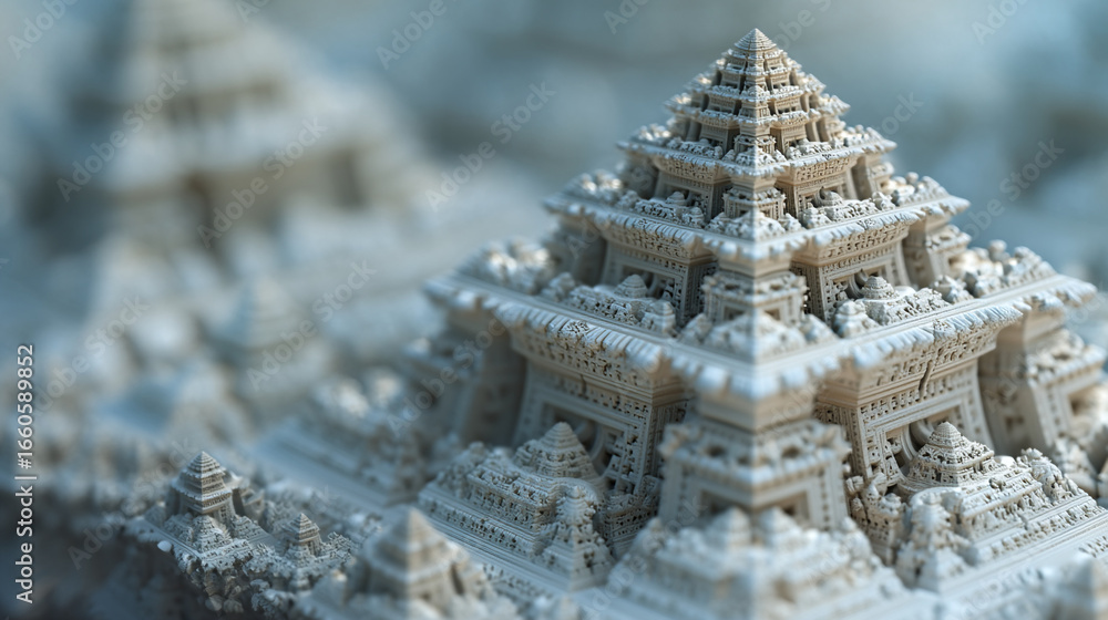 Aufkleber close up of a detailed white fractal pyramid structure with blurred background architecture
