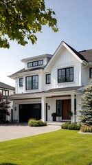 Stunning photo of brand new, white contemporary farmhouse with a dark shingled roof and black windows.
