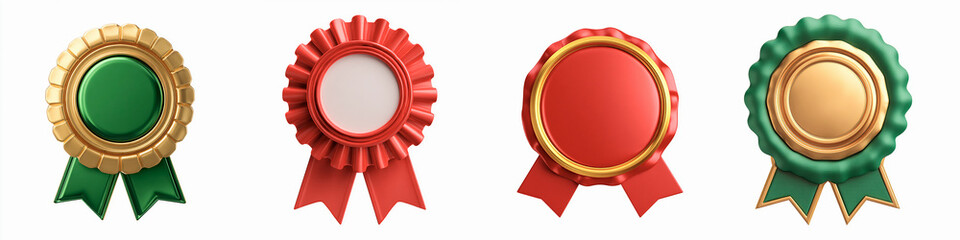 Collection of different medals isolated on a white background, multicolored red green gold medals with ribbons