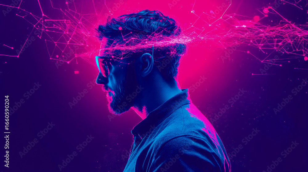 Poster futuristic portrait of man in neon-lit cyberspace, with digital neural network connections symbolizi