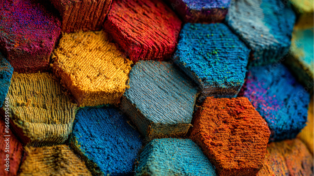 Poster a close up view of colorful hexagonal blocks forming a textured mosaic pattern together nicely