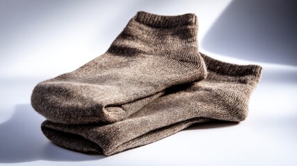A Pair Of Soft Knitted Gray And Brown Textured Wool Socks On White Background Studio Photography. Cozy Winter Clothing Accessories For Warmth And