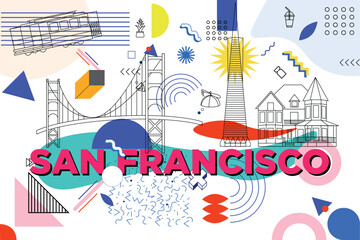 Obraz premium Typography word San Francisco branding technology concept. Collection of flat vector web icons, culture travel set, famous architectures, specialties detailed silhouette. USA Memphis famous landmark.