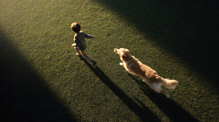 Joyful, dynamic image capturing a child running with their dog across vibrant green grass. Symbolizes freedom, friendship, and outdoor fun. Great for family, pets, lifestyle themes.