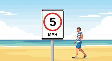 Five Mph Speed Limit Sign on Beach Promoting Safety Cartoon Style