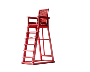 Tall red lifeguard chair with woven seat on white background beach pool isolated on a transparent background