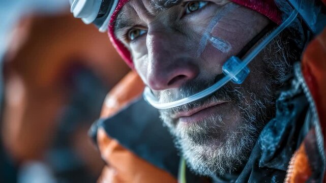 Alpine climber in midinhalation of xenon gas with oxygen sensors faintly visible in blurred background emphasizing cuttingedge altitude training methods in thin air environments.