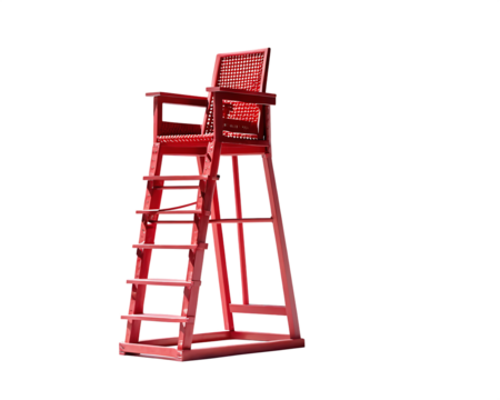 Tall red lifeguard chair with woven seat on white background beach pool isolated on a transparent background