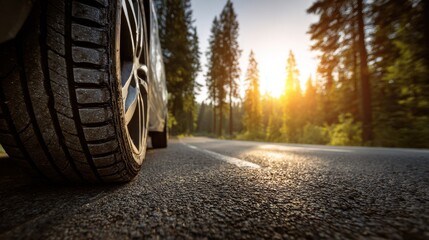 Stunning photo of summer-ready tires on sunny forest asphalt road.