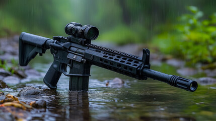 Fototapeta premium Modern tactical assault rifle equipped with optic standing upright in shallow water under falling rain within natural outdoor setting