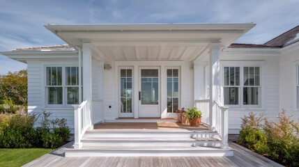 Stunning photo of modern beach coastal veranda porch french door entrance chic white paint natural Hamptons luxury farmhouse entrance patio house cottage vibes contemporary Cape.