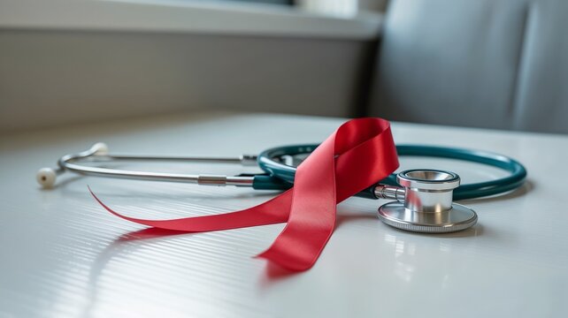 Red awareness ribbon with stethoscope symbolizing support for blood-related and heart deceases, HIV/AIDS, substance-abuse and other awareness campaigns and events