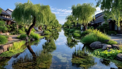 Fototapeta premium Japanese canal lined with willows
