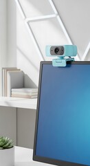Turquoise Webcam Mounted on Monitor for Virtual Meetings and Online Communication