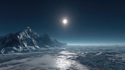 A Panoramic View Of A Frozen Landscape At Night, Featuring Snow Covered Mountains And A Bright Celestial Body; A Serene, Otherworldly Scene. A