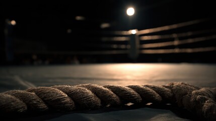 Stunning photo of arena Ring Boxing box sport fight rope night spotlight spotlit view post shot studio match top 1 dark stage wrestling dramatic amphitheatre professional.