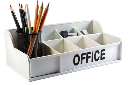 White office desk organizer with pens and stationery on a white background Keywords: office isolated on a transparent background