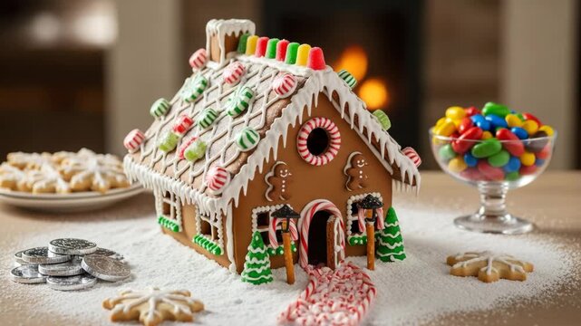A beautifully decorated gingerbread house with candies and icing, surrounded by sweets and cookies on a snowy wooden table with a fireplace.

