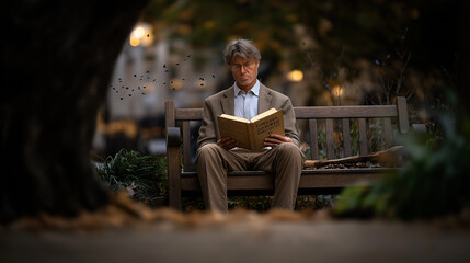 A peaceful park scene with a man reading a history book