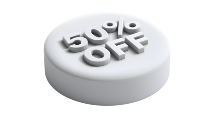 Soft 3D button icon on 50% off on white background 