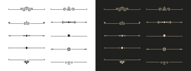 Collection of elegant vintage ornamental dividers and borders in a classic symmetrical design on a split background