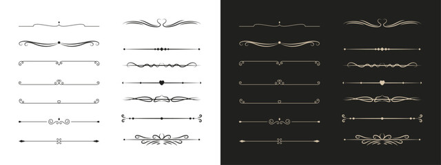 Collection of elegant decorative ornate flourishes and ornaments for design and decoration on white and black backgrounds