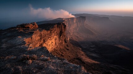 A Panoramic View Of Volcanic Landscape At Sunset Rugged Rock Formations And A Misty Lava Field Under Warm Dramatic Lighting