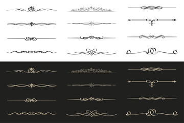 Collection of elegant decorative vintage ornamental dividers and flourishes for design and typography on white and black backgrounds