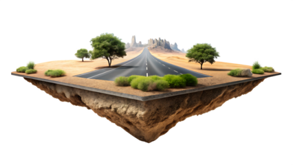 Floating island with desert road and trees against rocky mountains highway asphalt isolated on a transparent background