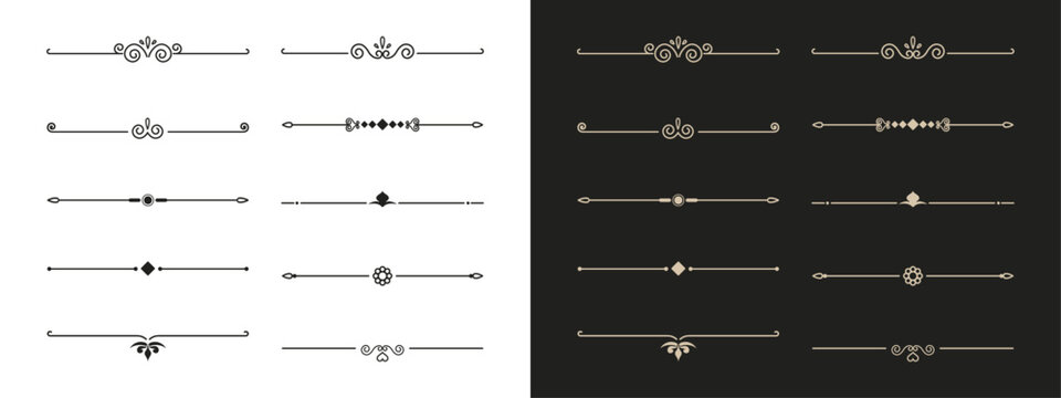 Collection of elegant vintage ornamental dividers and borders in a classic symmetrical design on a split background