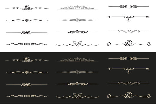 Collection of elegant decorative vintage ornamental dividers and flourishes for design and typography on white and black backgrounds