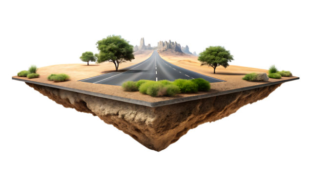Floating island with desert road and trees against rocky mountains highway asphalt isolated on a transparent background