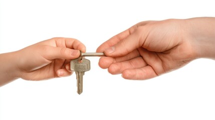 Close Up Of An Adult'S Hand Giving A Key To A Child'S Hand Against A Clean White Background A Symbolic Image Representing New Beginnings, Family, And