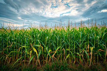 Fototapeta premium Dense green cornfield under dramatic sky