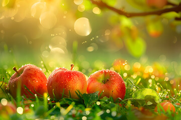 Three dewy apples on sunlit autumn grass