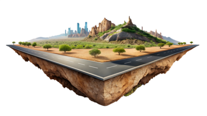 Floating island with desert road, trees, mountains and distant city skyline highway isolated on a transparent background