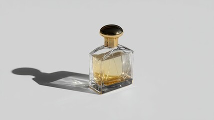 Elegant Perfume Bottle On White Background Minimalist Product Photography With Soft Lighting And Strong Shadows.  Detailed Close Up Image Of A Luxury