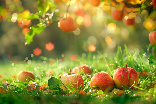 Three dewy apples on sunlit autumn grass - Powered by Adobe