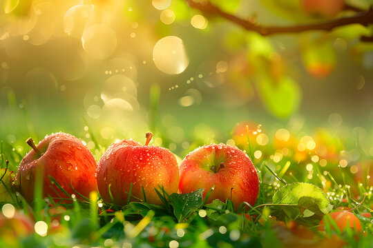 Three dewy apples on sunlit autumn grass