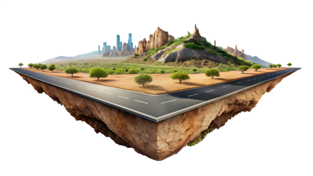 Floating island with desert road, trees, mountains and distant city skyline highway isolated on a transparent background