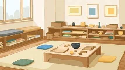 A Peaceful And Minimalist Montessori Classroom Design Natural Wood Furniture, Soft Lighting, And Organized Learning Materials Create A Calm