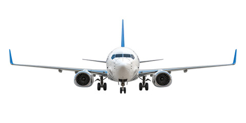 Front view of a modern white passenger jet with blue accents
