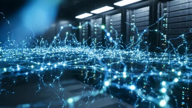 Futuristic data center server room with glowing blue network connections representing big data, cloud computing, and AI technology