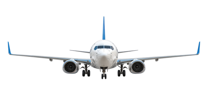 Front view of a modern white passenger jet with blue accents