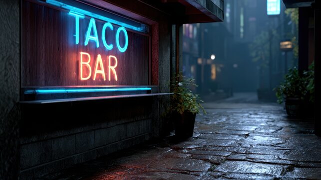 tech noir tacos, tech noir tacos in a cyberpunk alley with a neon taco bar sign, plated on chrome trays under blue and red lights